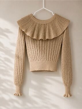 Beige Pointelle Knit Ruffle Collar Cropped Sweater Romantic Cottagecore